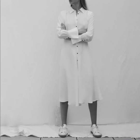 BA&SH Nida white collared long sleeve elastic waist hugging button up midi dress - Picture 3 of 16